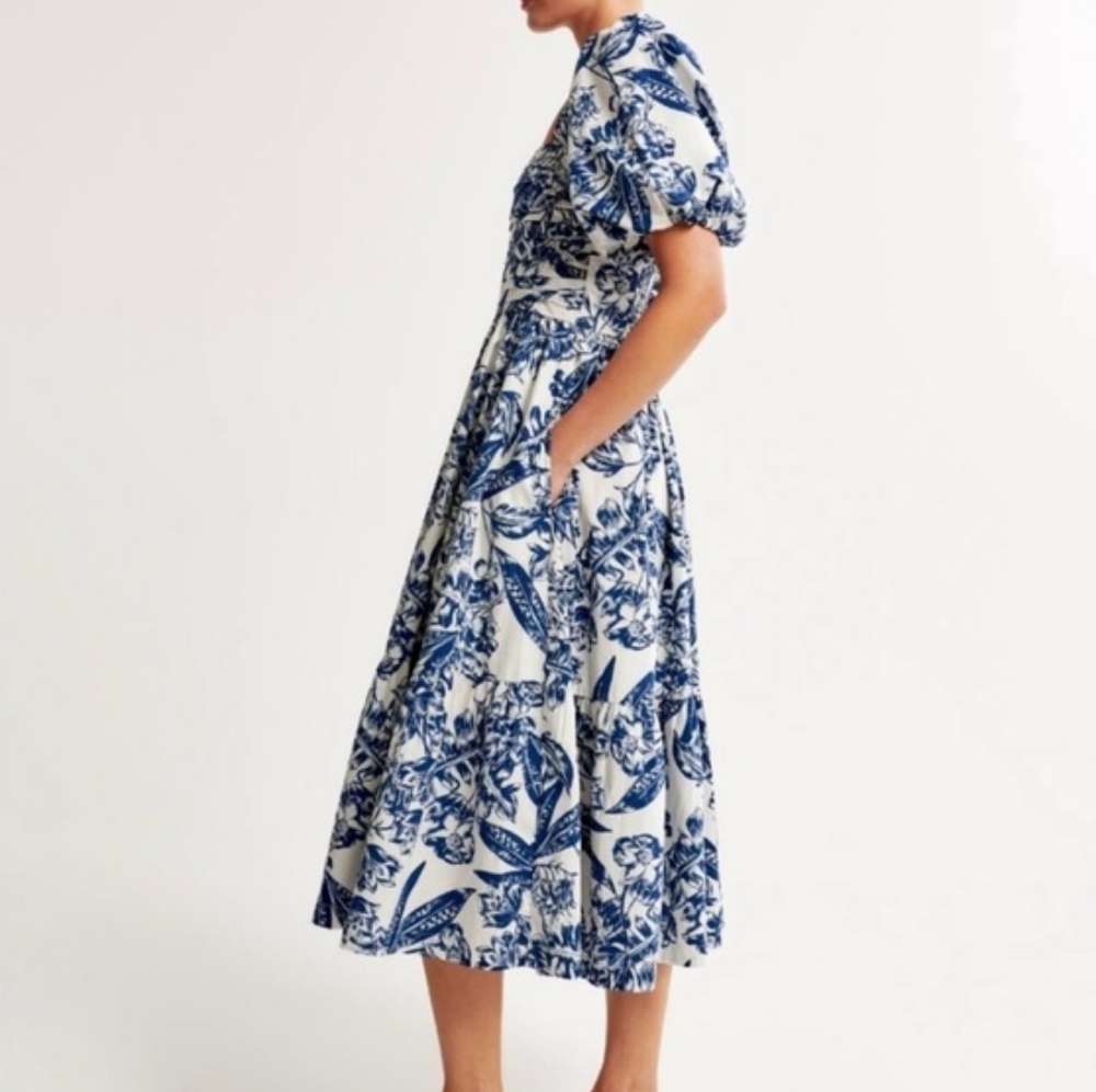 ABERCROMBIE Emerson Poplin Puff Sleeve Midi Dress Whitefloral/blue. NO L… - Picture 6 of 15